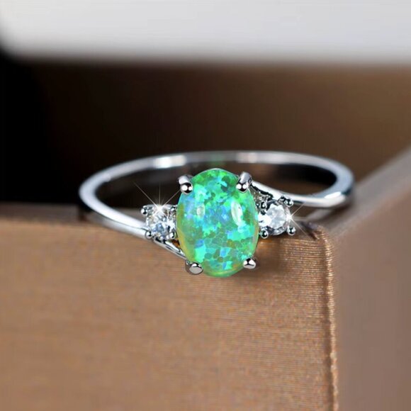 NEW 18k White Gold Green Fire Opal Diamond Ring Band - Picture 7 of 11
